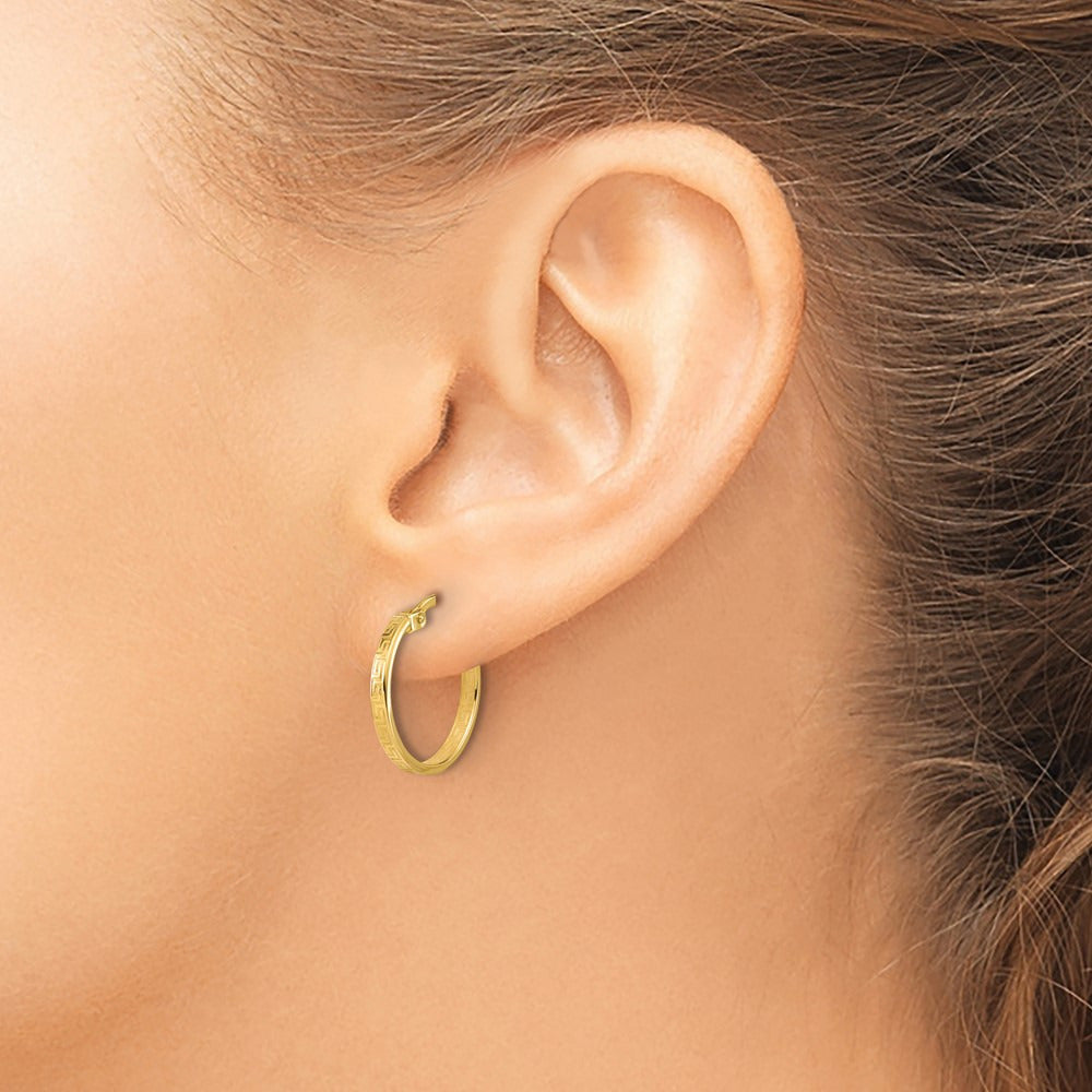 Polished Greek Key Round Hoop Earrings — 16mm