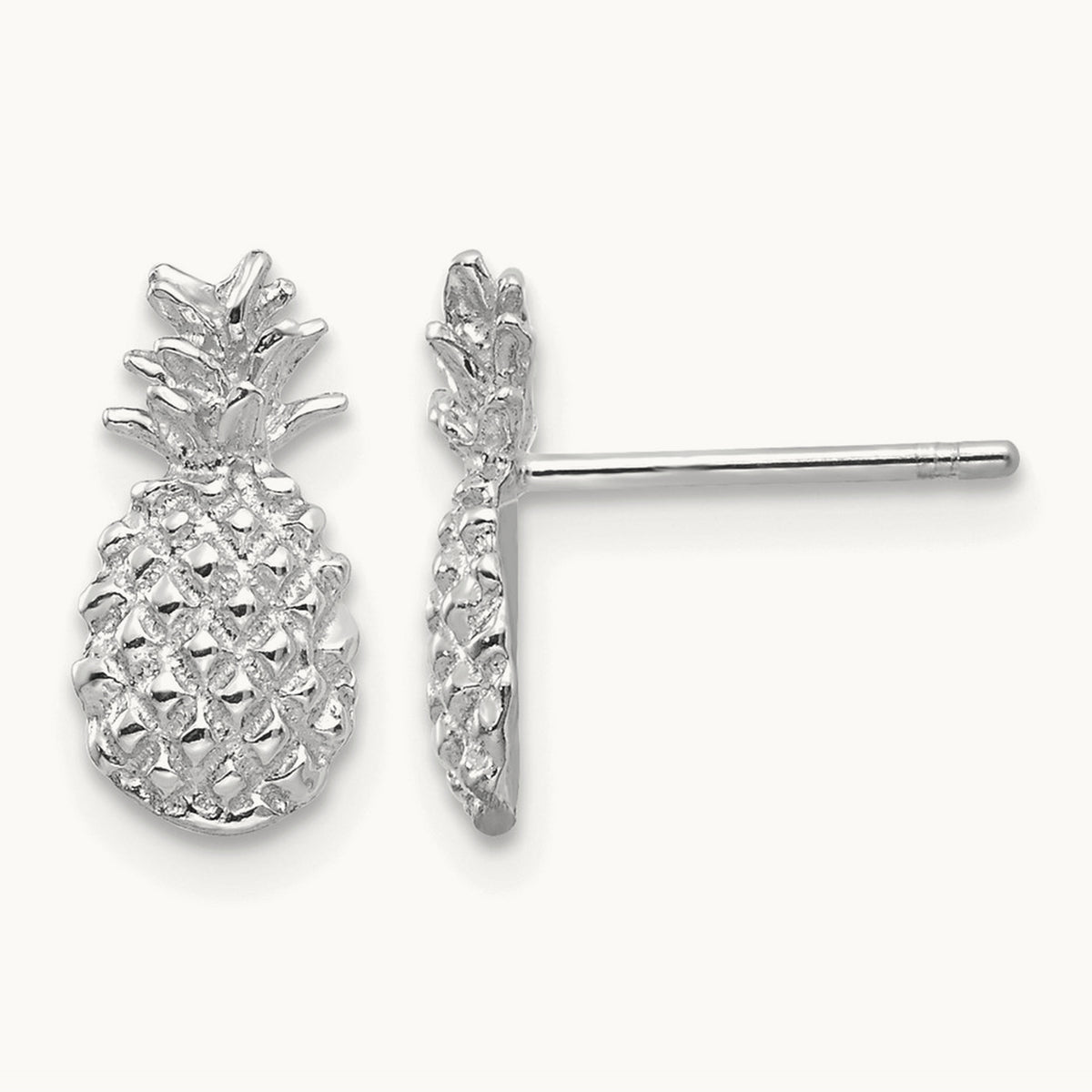 Polished and Textured Pineapple Post Earrings — 14K White Gold