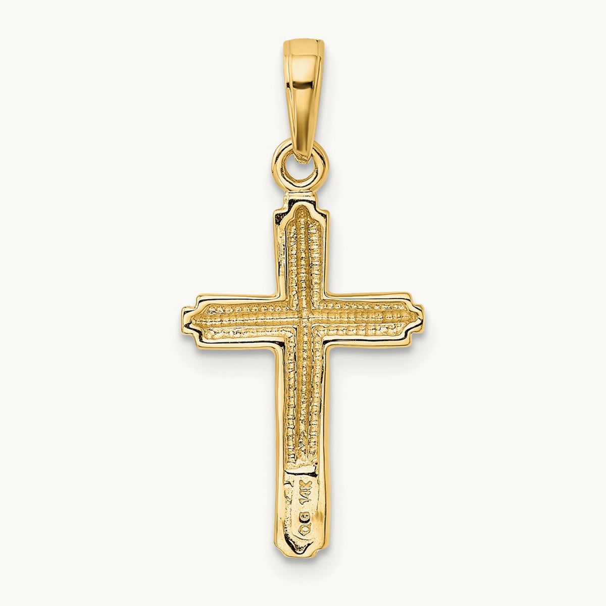 Polished Cross With Striped Border Pendant — 14K Yellow Gold, 27mm