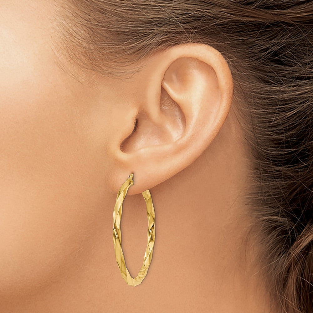 Square Tube Twisted Hoop Earrings — 14K Yellow Gold, 40mm, 3mm