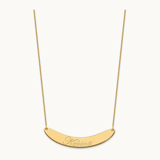 Large EDWARDIAN SCRIPT Curved Bar Necklace, 14K Yellow Gold