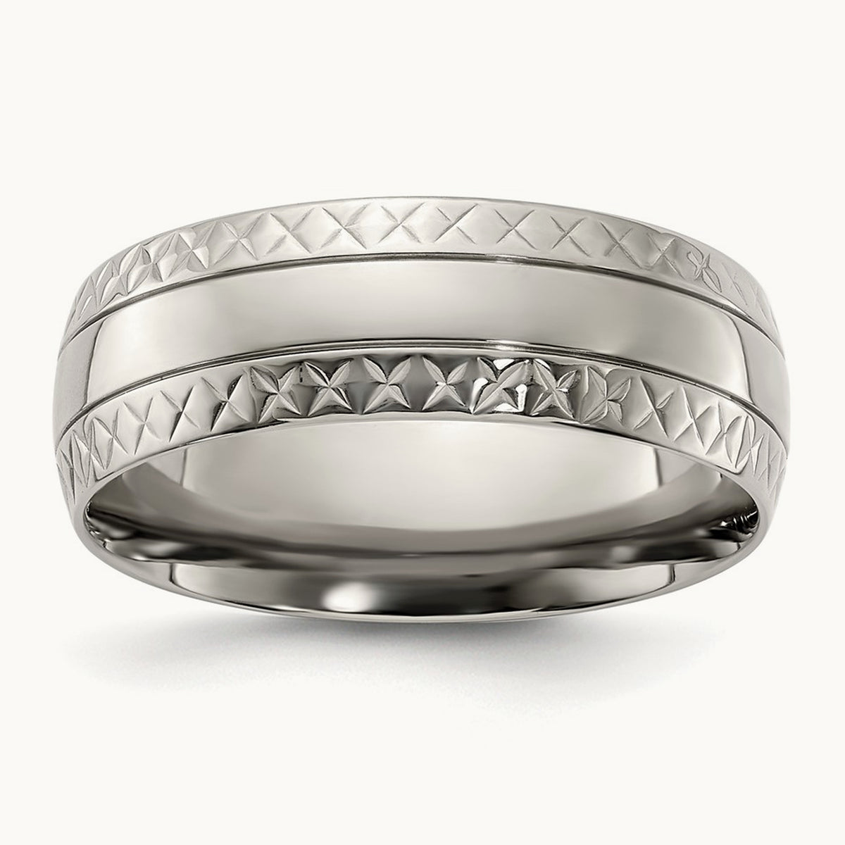 Polished Grooved Criss Cross Design Band, 7mm, Titanium