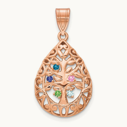 5 Birthstone Tree of Life Tear Drop Pendant, 14K Rose Gold
