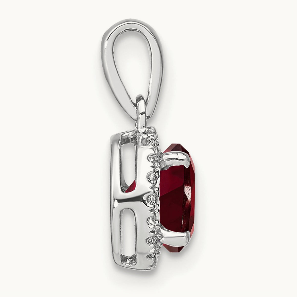 Garnet and Diamond Halo Pendant, 14K White Gold