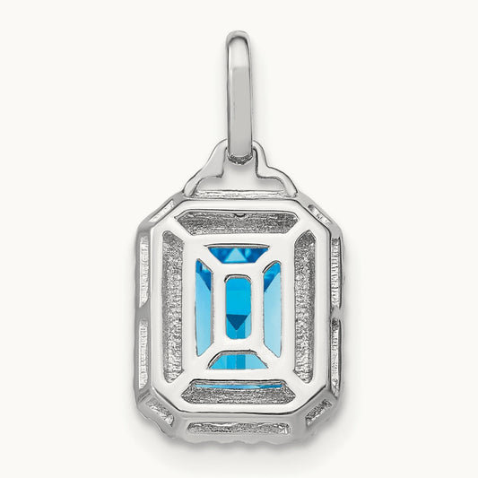 Emerald-cut Blue Topaz and Diamond Halo Pendant, 14K White Gold