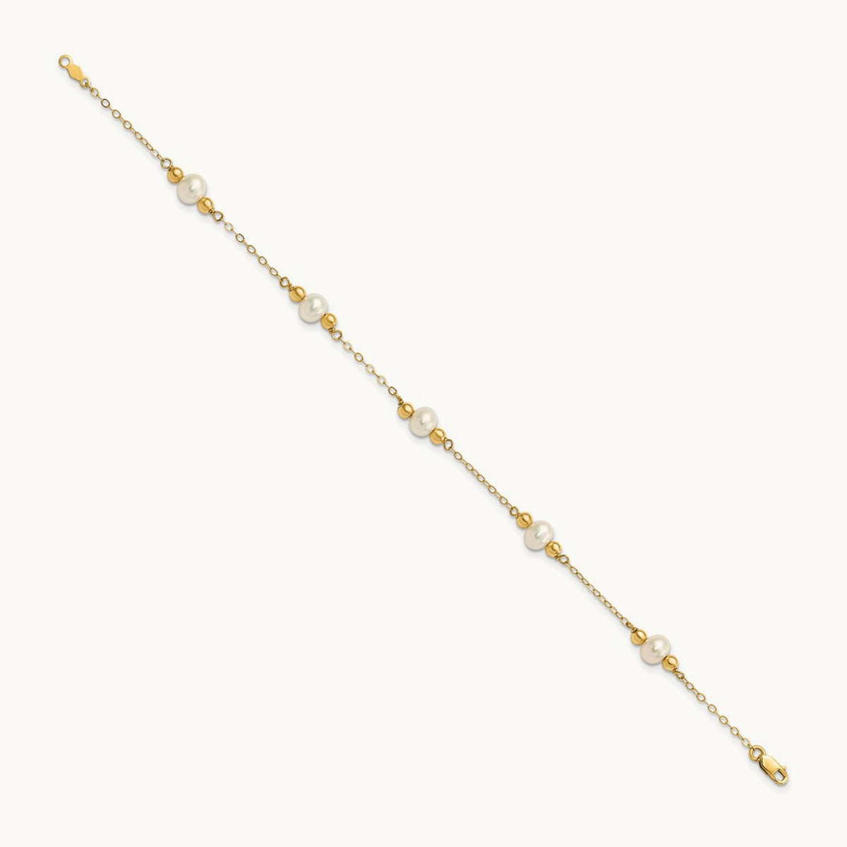 5- White Near Round FW Cultured Pearl Bead 5-station Bracelet, 6mm, 14K