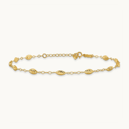 Puff Rice Bead 9in Plus 1in ext Anklet, 14K