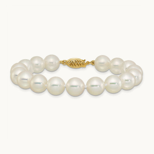 9- White Rnd Akoya Saltwater Cultured Pearl 7in Bracelet, 10mm, 14K