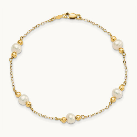 5- White Near Round FW Cultured Pearl Bead 5-station Bracelet, 6mm, 14K