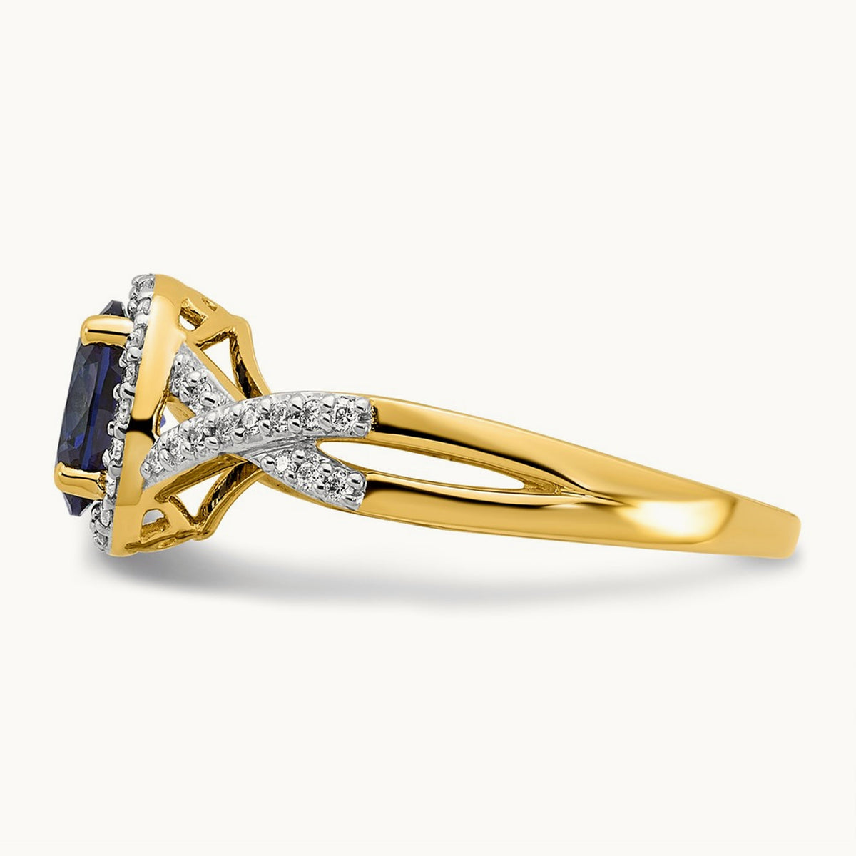 Created Blue Sapphire Oval Halo Ring, 0.20 ct tw Lab-Grown Diamond — 14K Yellow Gold