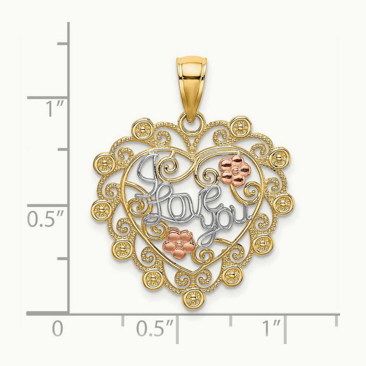 w/White Rhodium I LOVE YOU Filigree Heart Flower Charm, 14K Two-tone