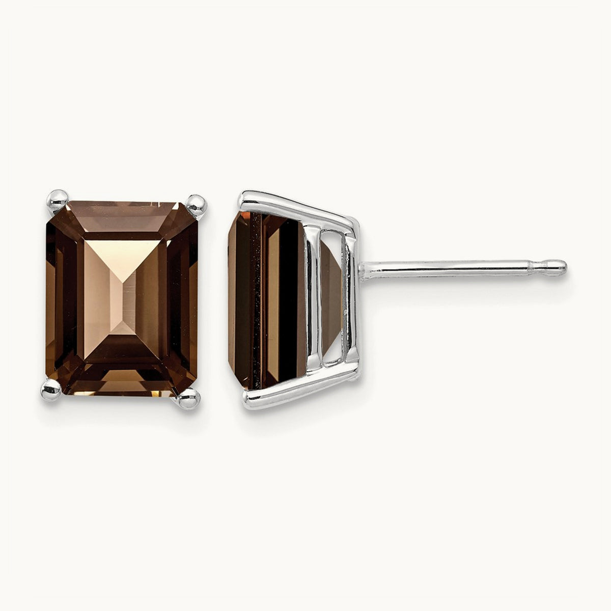 9x7mm Emerald Smoky Quartz Earrings, 14K White Gold