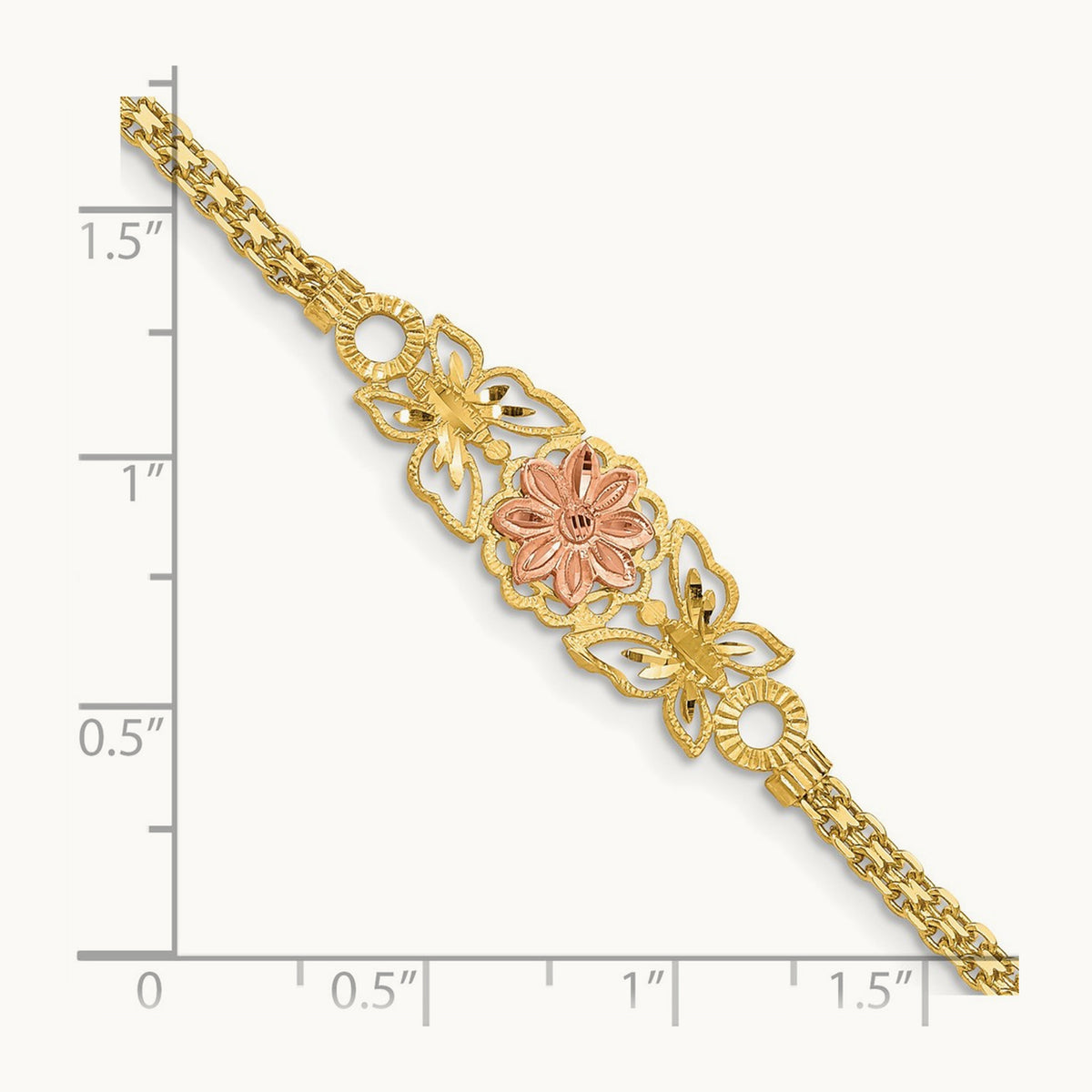 Brushed & Polished Butterfly & Flowers Bracelet, 14K Two-tone