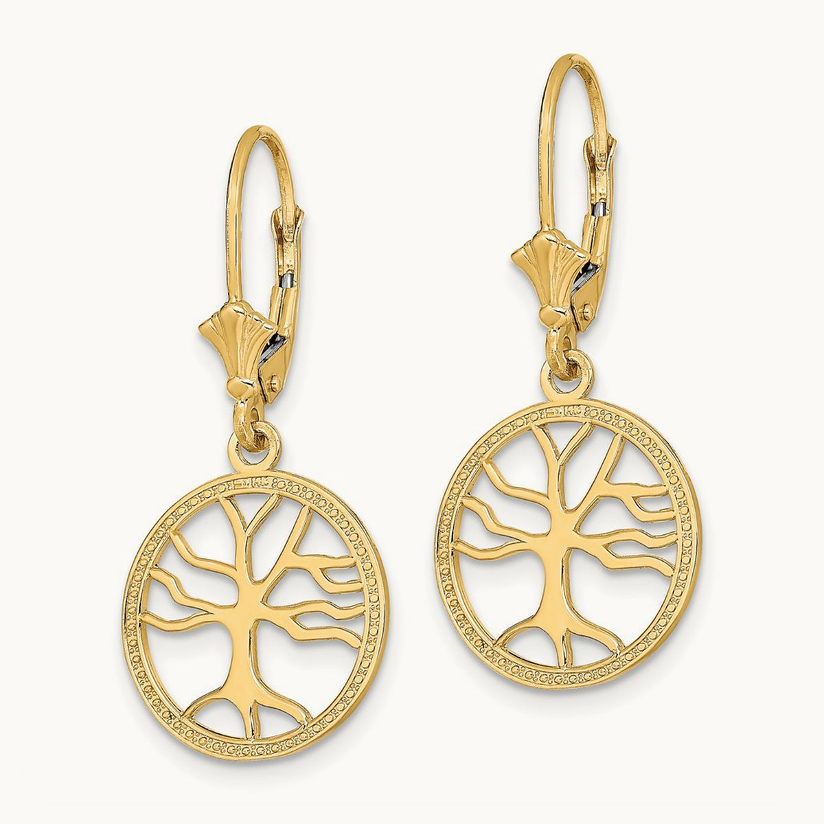 Tree of Life In Round Frame Leverback Earrings — 14K Yellow Gold