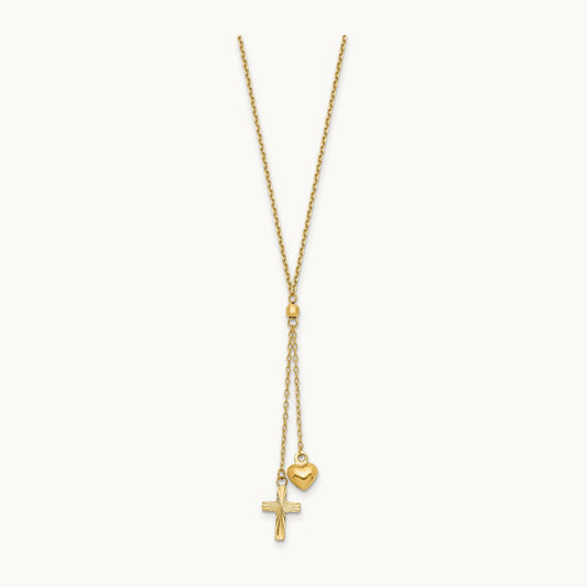 Puffed Heart & D/C Cross W/2 IN Ext Necklace, 14K