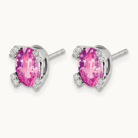 Oval Created Pink Sapphire and Diamond Earrings, 14K White Gold