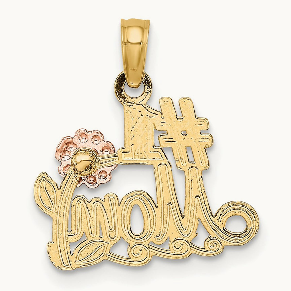 #1 MOM Script w/ Flower Charm, 14K Two-tone