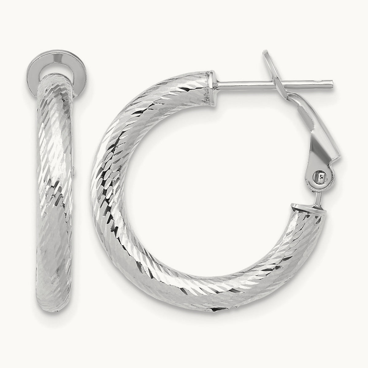 3x15 w/ White Rhod Plating D/C Round Omega Back Hoop Earrings, 14K — Leslie's