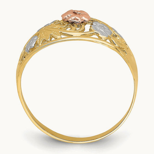 Tri- Color w/White Rhodium Floral Dome Ring, 14K