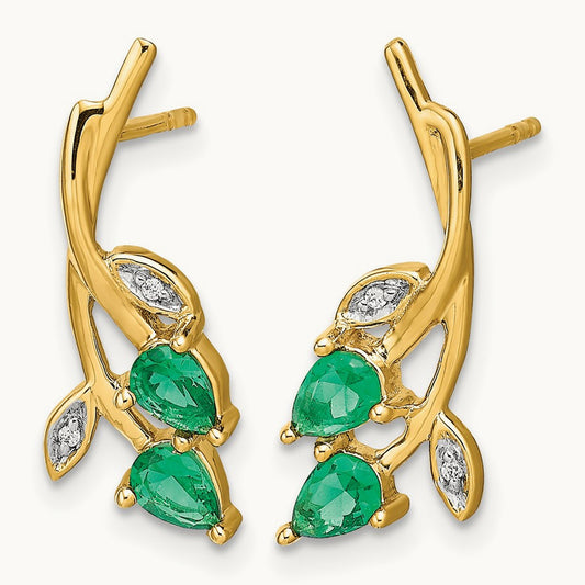 Diamond and Pear Emerald Floral Post Earrings, 14K