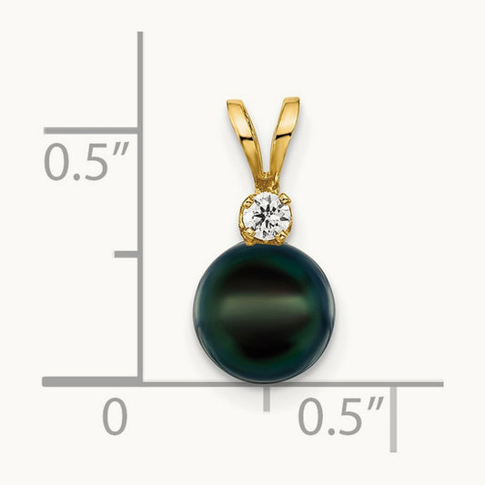 7- Black Round Saltwater Akoya Cultured Pearl Diamond Pendant, 8mm, 14K