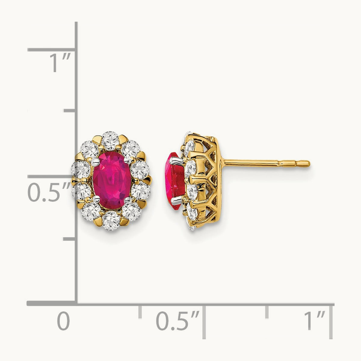 Oval Ruby and Diamond Halo Post Earrings, 14K