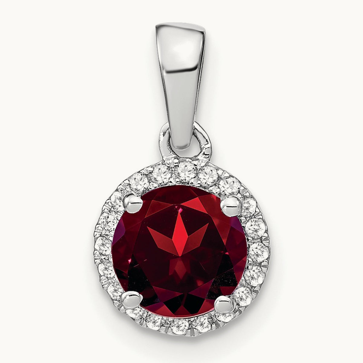 Garnet and Diamond Halo Pendant, 14K White Gold