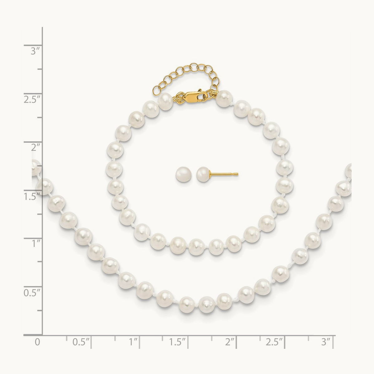 4- FW Cultured Pearl 5 w/1 ext Bracelet 14 w/1 ext Neck Earring Set, 5mm, 14K