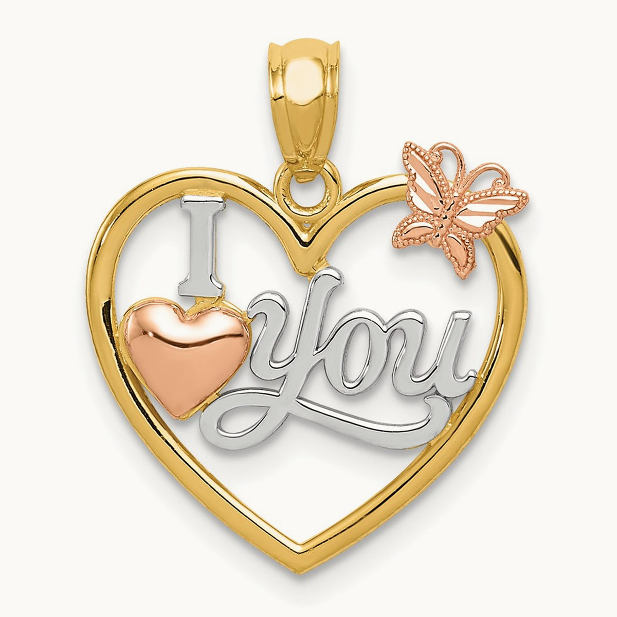 w/White Rhod I LOVE YOU Heart w/Butterfly Pendant, 14K Two-tone