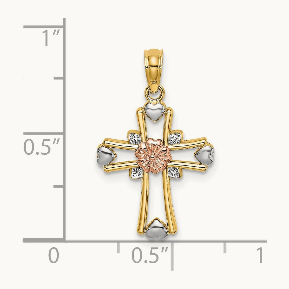 w/White Rhodium Cross w/Flower and Heart Charm, 14K Two-tone