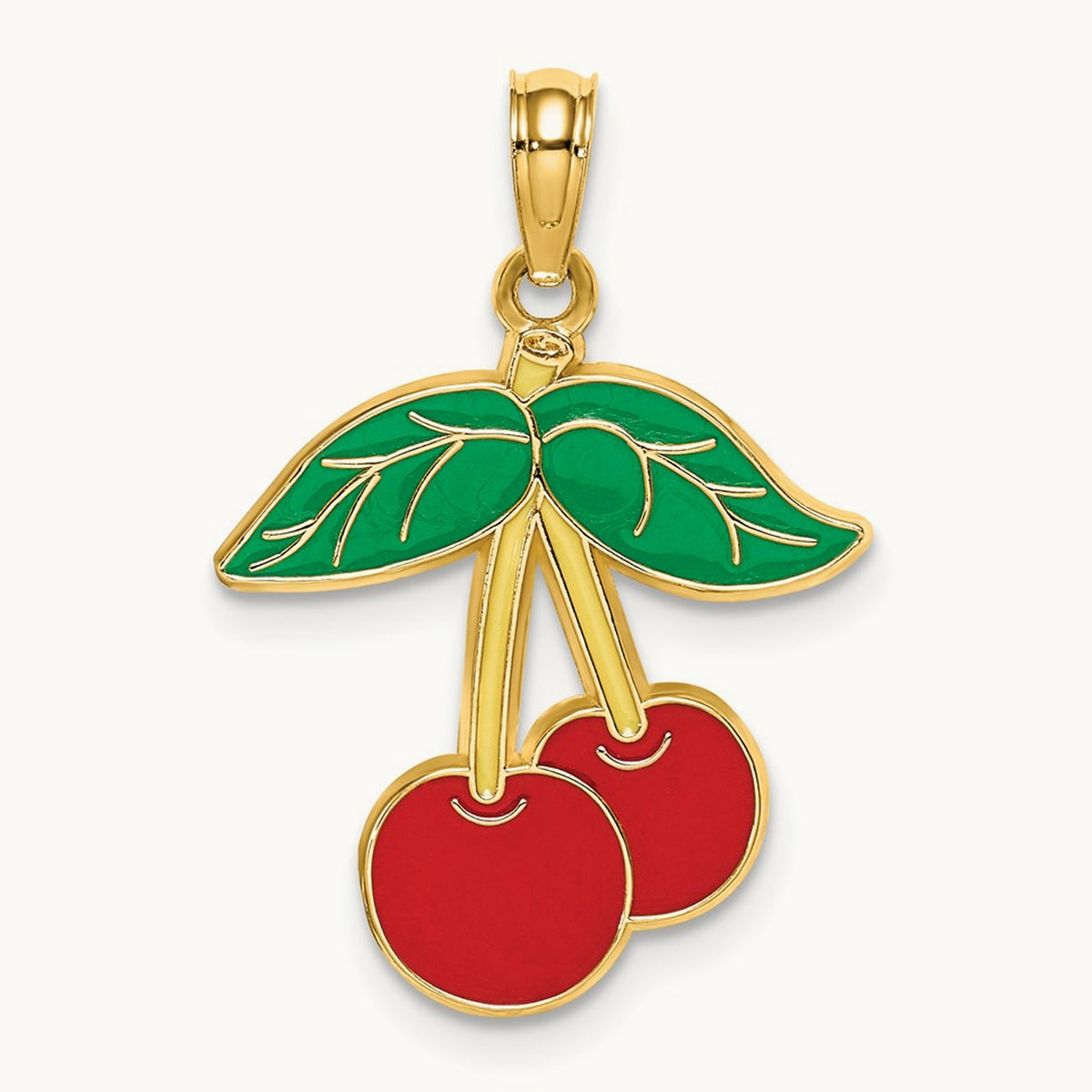 Cherries With Enamel Leaf Charm, 14K