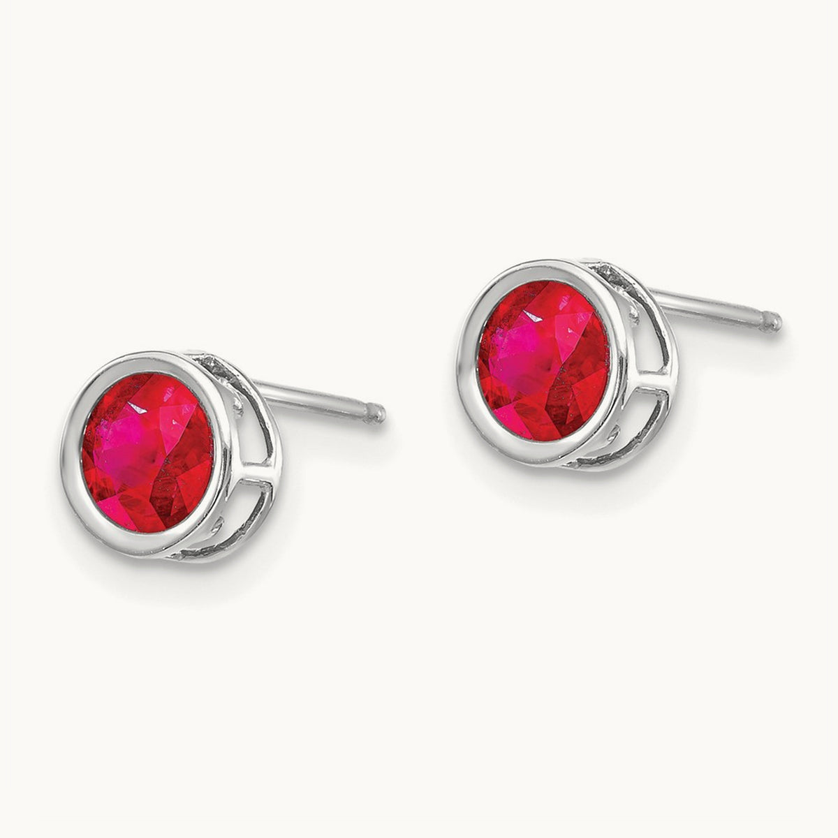 Bezel Ruby Stud Earrings — 14K White Gold