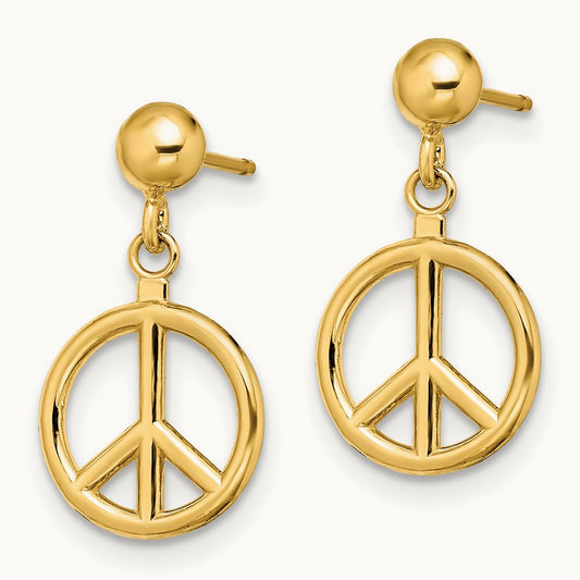 3-D Polished Peace Symbol Dangle Earrings, 14K