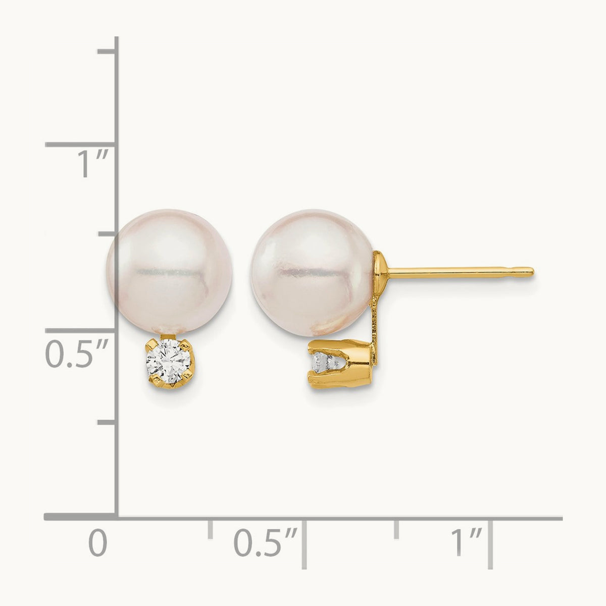 8- White Round Saltwater Akoya Cultured Pearl Diamond Post Earrings, 9mm, 14K