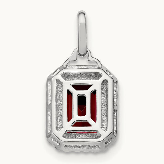 Emerald-cut Garnet and Diamond Halo Pendant, 14K White Gold
