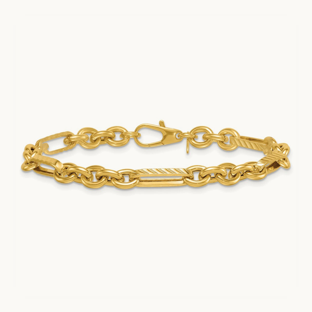 Polished and Textured Oval and Circle Link 7.5in Bracelet, 14K