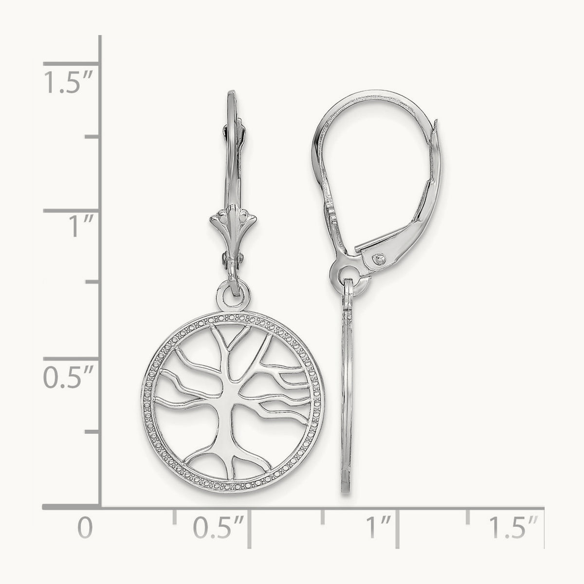 Tree of Life In Round Frame Leverback Earrings — 14K White Gold