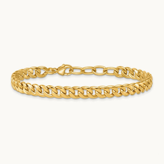 Polished Flat Curb Chain w/1in Ext. Bracelet, 6.5mm, 14K