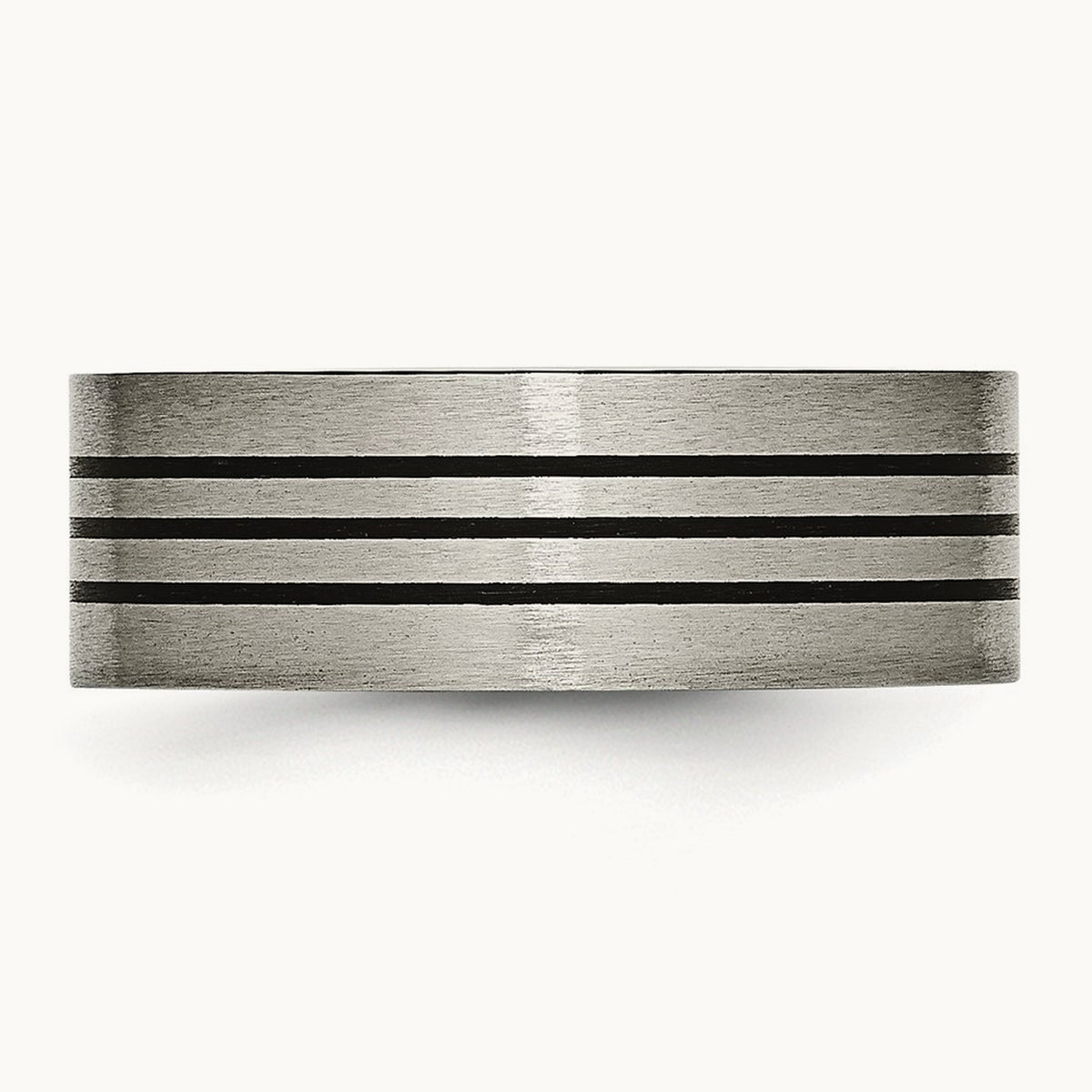 Satin and Polished Black Enamel Striped Flat Band, 8mm, Titanium