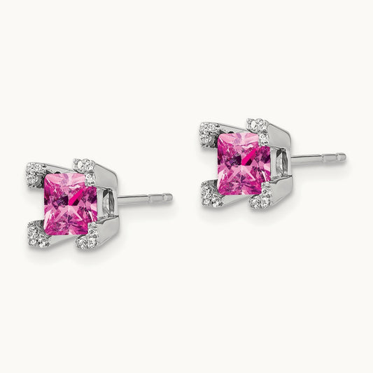 Square Created Pink Sapphire and Diamond Earrings, 14K White Gold