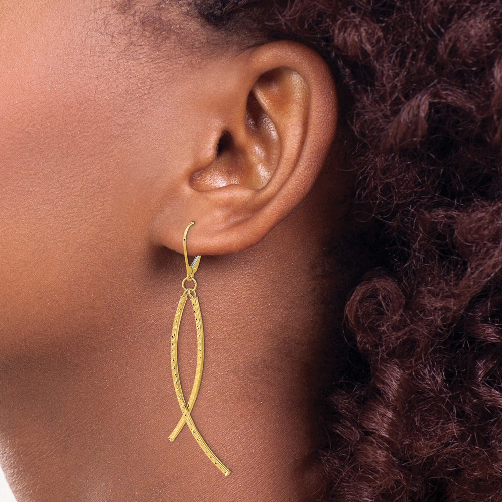 Polished Diamond Cut Fancy Dangle Leverback Earrings — 14K Yellow Gold