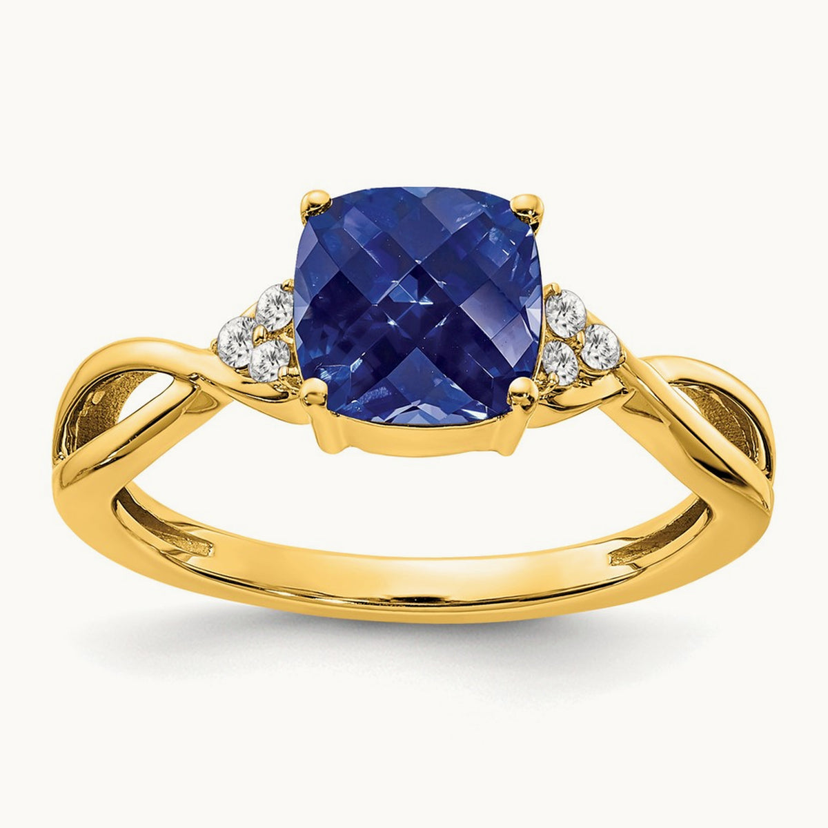 Checkerboard Created Sapphire and Lab-Grown Diamond Ring — 14K Yellow Gold