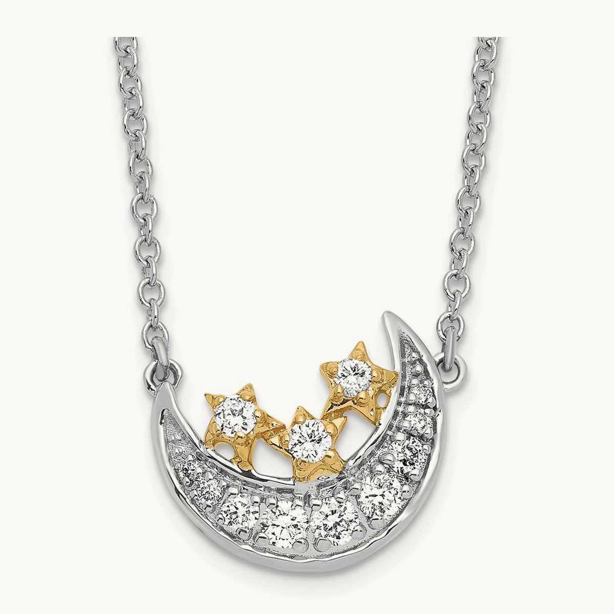Moon w/3-Stars Diamond 18in Necklace, 14K Two-tone
