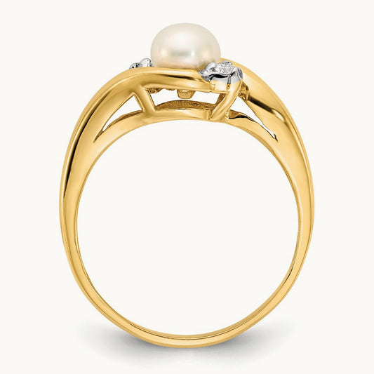 5- White Button Freshwater Cultured Pearl .04tw Diamond Ring, 6mm, 14K