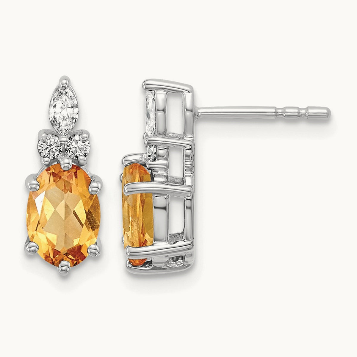 Diamond and Citrine Post Earrings, 14K White Gold