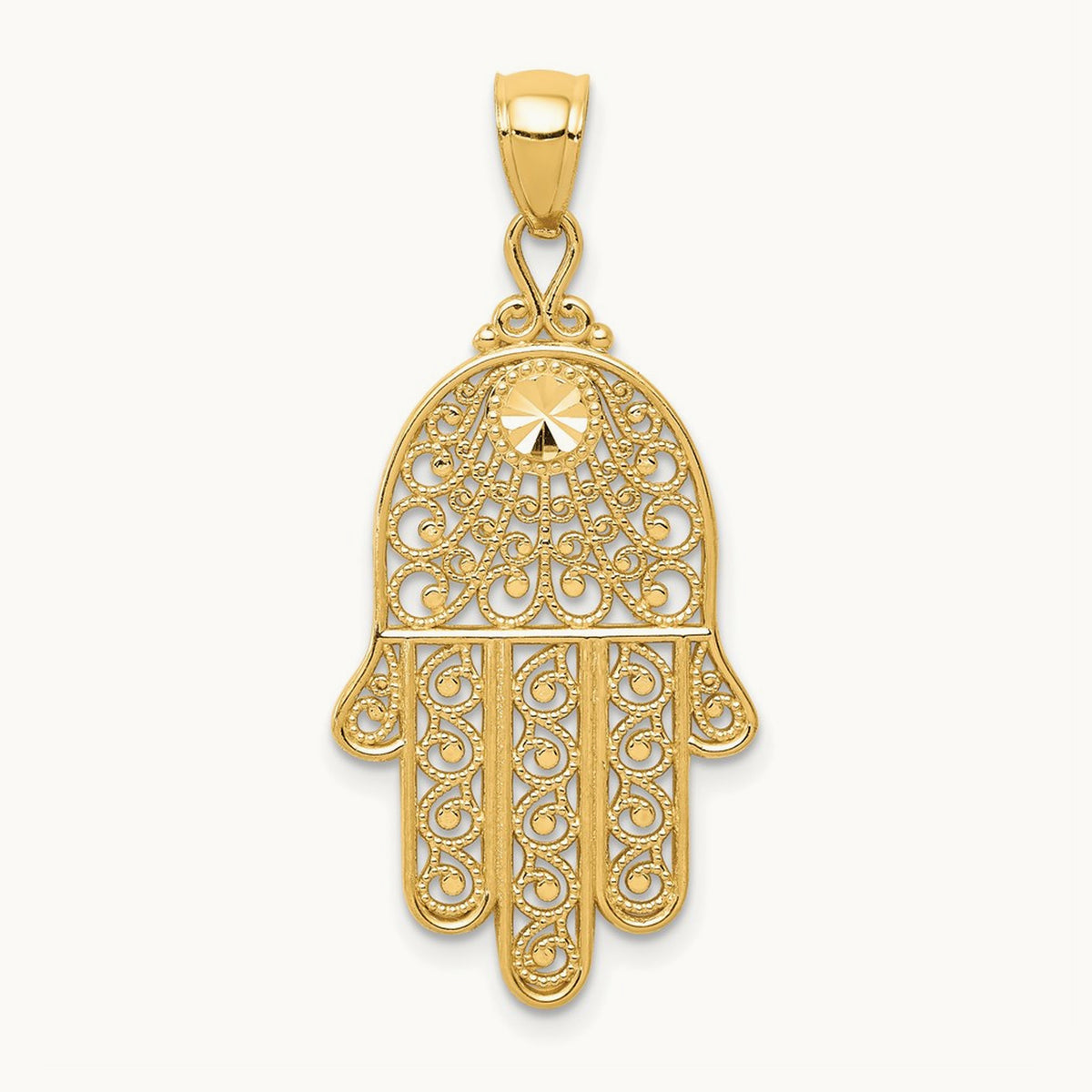 Diamond-cut Filigree Chamseh Pendant, 14K