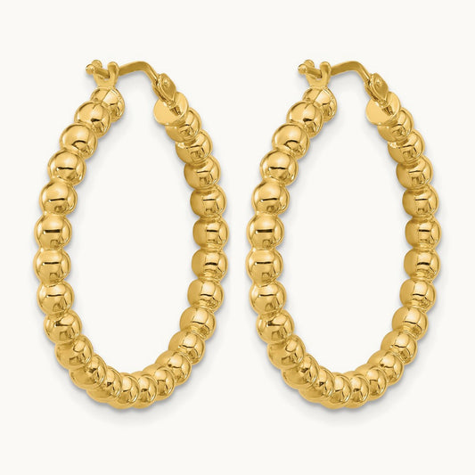Polished Beaded Round Hoop Earrings — 10K Yellow Gold, 25mm