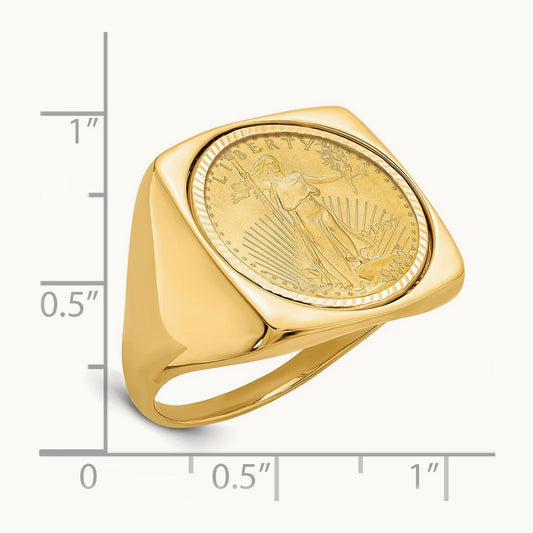 Men's Polished D/C Square Mounted 1/10oz AM Eagle Coin Bezel Ring, 14K