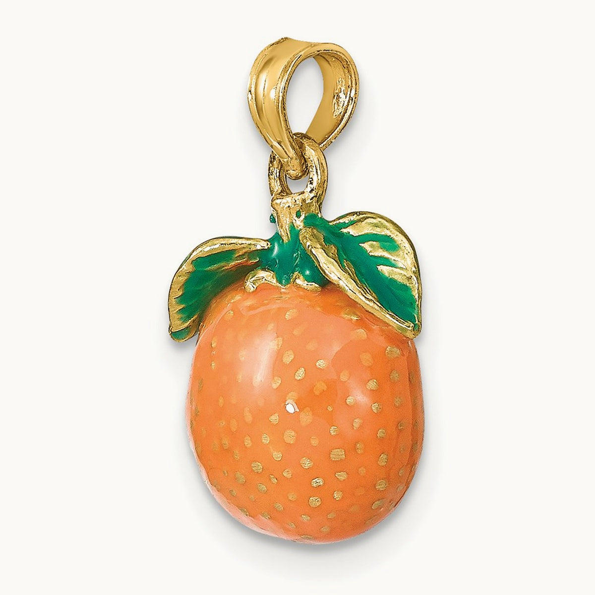 W/ Enamel 3-D Orange With Stem and Leaf Charm, 14K