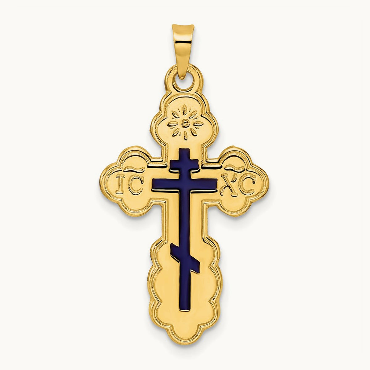 Polished Eastern Orthodox Blue Enamel Solid Cross Pendant, 14K
